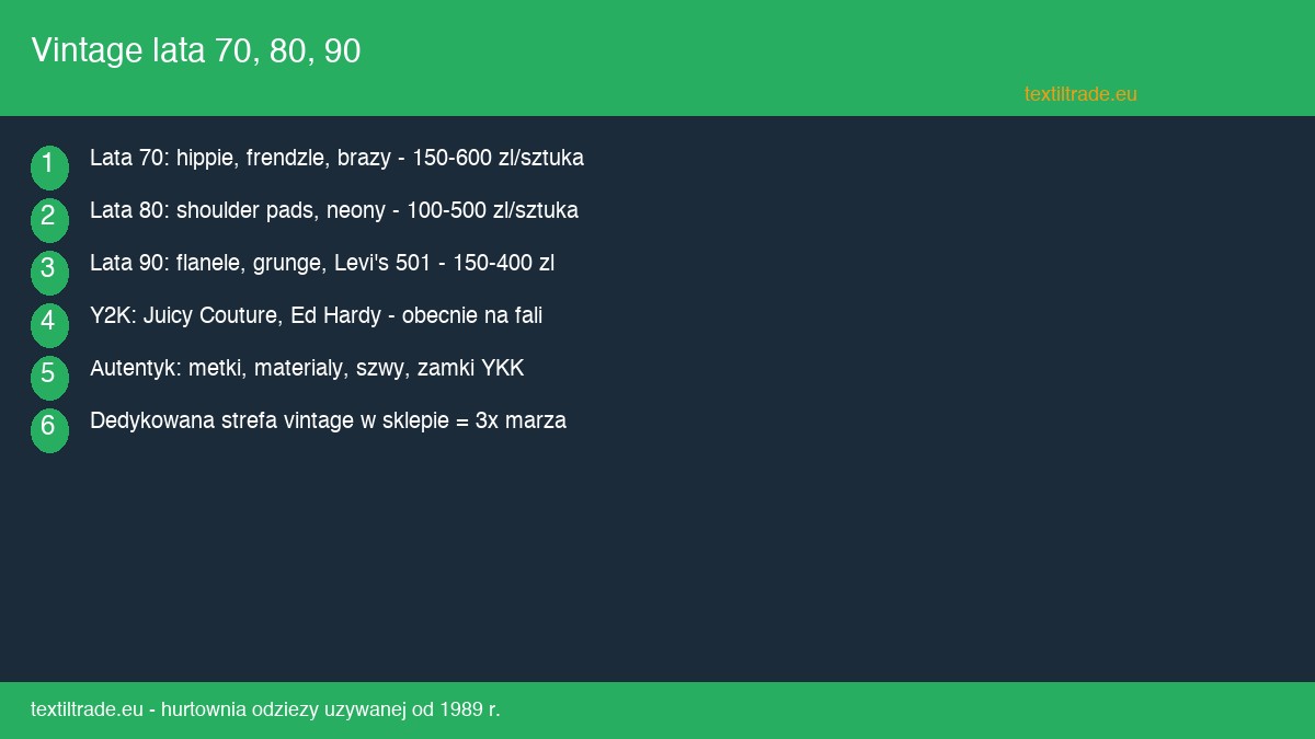 Vintage lata 70, 80, 90 - jak sprzedawac odziez z minionych dekad w second handzie - infografika