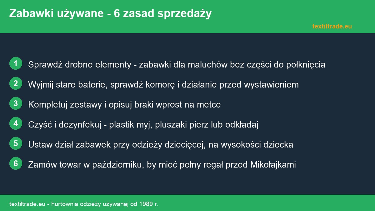 Zabawki używane w second handzie - bezpieczeństwo i sprzedaż - infografika
